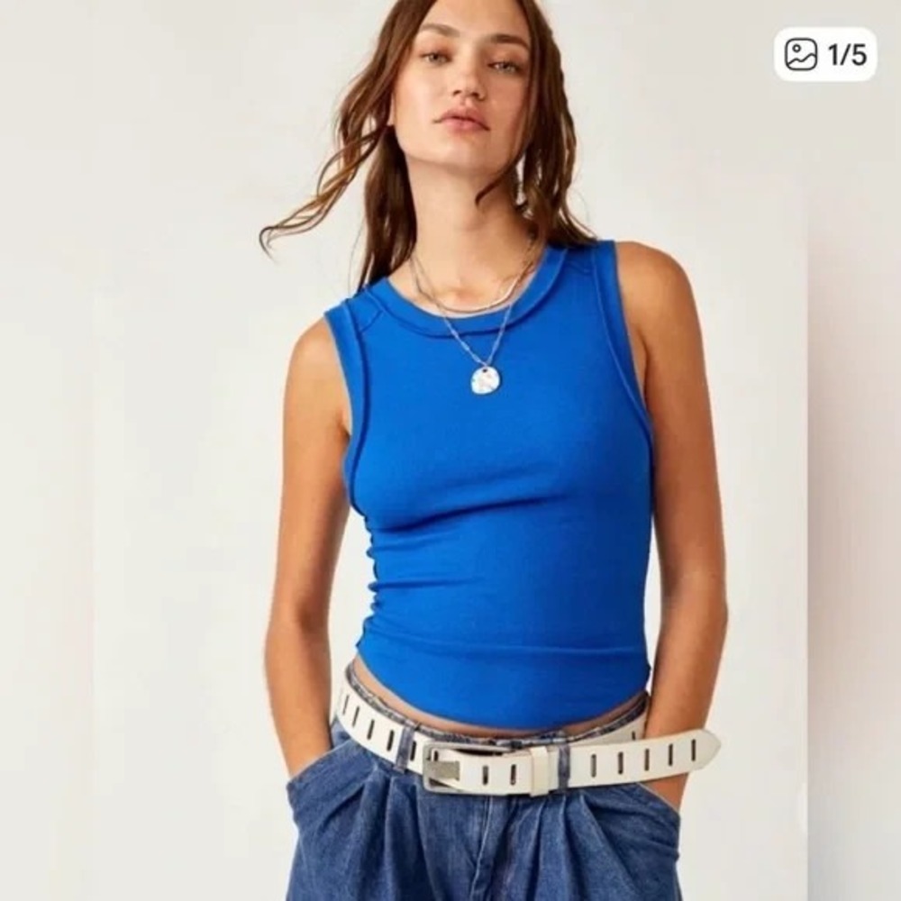 Free People We the Free Kate Rib Stretch Cotton Tank Womens L Blue
